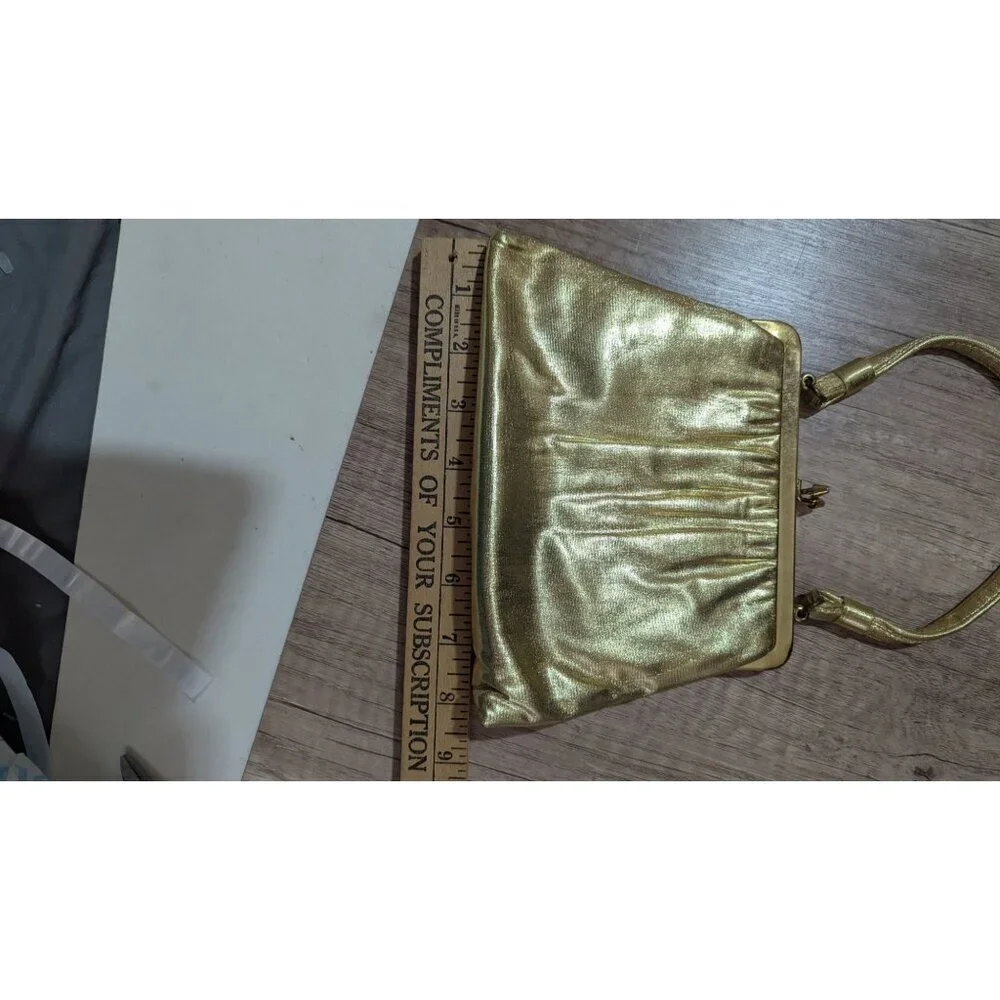 Vintage Joseph Magnin Gold Metallic Evening Purse With Ornate Frame & Satin Inte